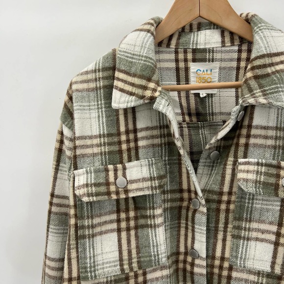CALI 1850 Womens Plaid Flannel Shacket Large Green Ivory Brown Boxy Oversized - Picture 5 of 9